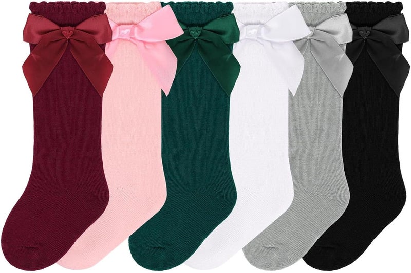 Sucrain 6 Pairs Baby Girl Knee High Socks Cotton Bow Dress Stockings Tube Ruffled Knit Socks for Newborn Infant Toddler - Image 1